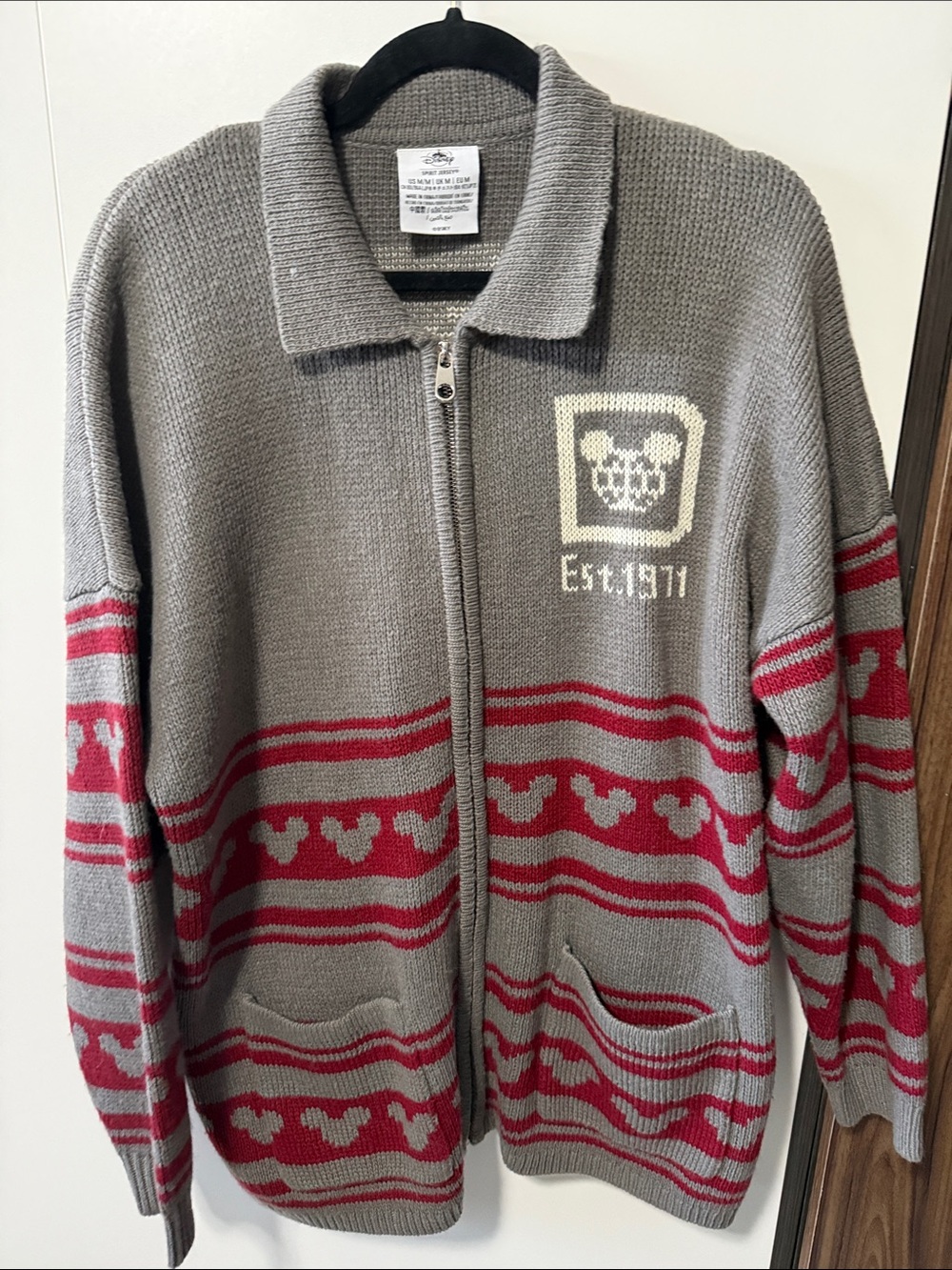 Disney Men's Gray Zip-Up Sweater with Red Pattern